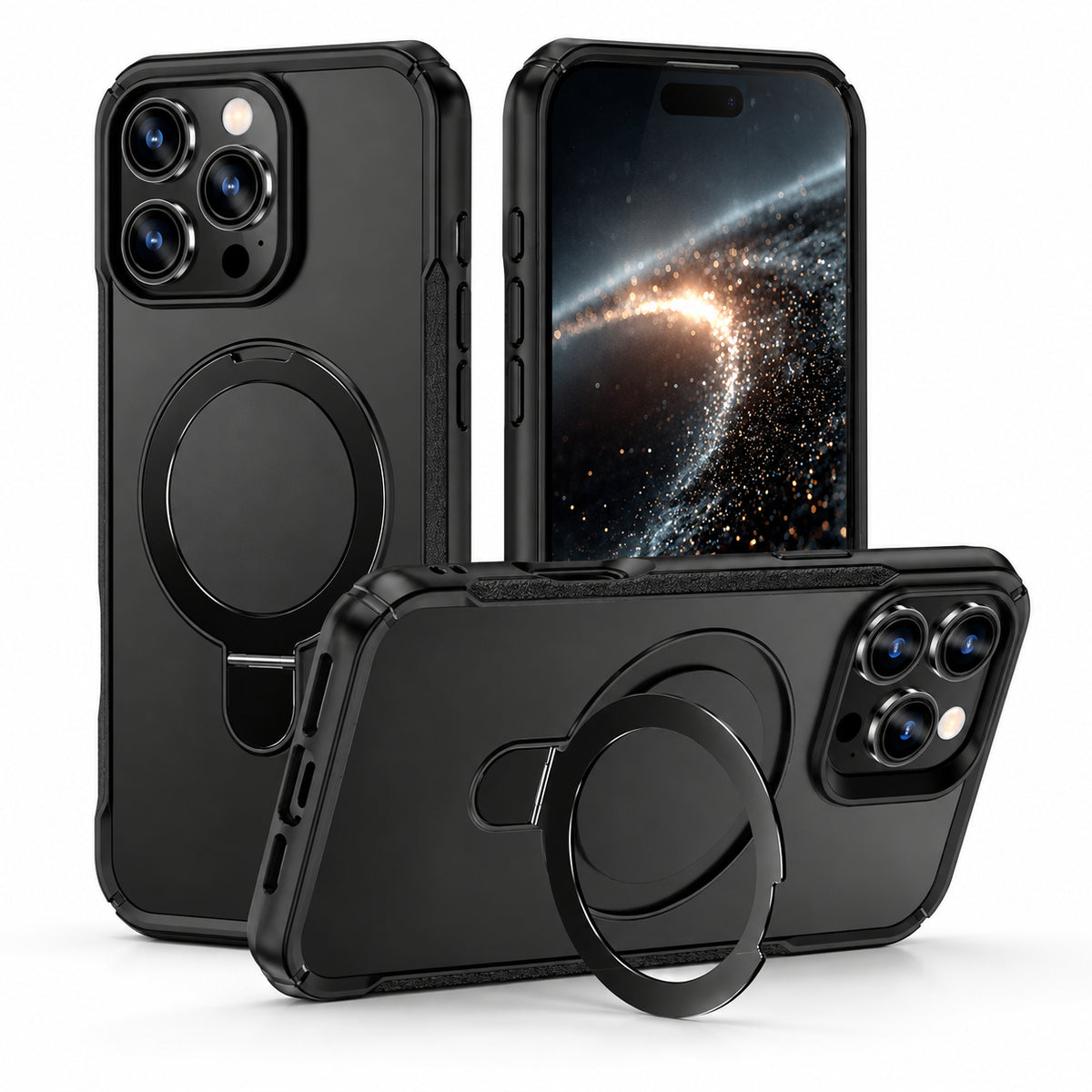 Three views of a black protective phone case with a built-in circular magnetic ring, shown on a white background. One view shows the case on the back of a smartphone, one shows the front of the smartphone inside the case, and one shows the case with the ring extended.