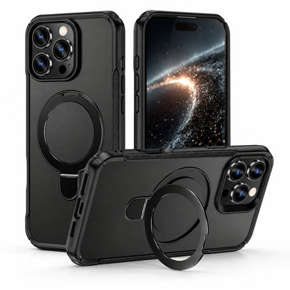 Three views of a black protective phone case with a built-in circular magnetic ring, shown on a white background. One view shows the case on the back of a smartphone, one shows the front of the smartphone inside the case, and one shows the case with the ring extended.