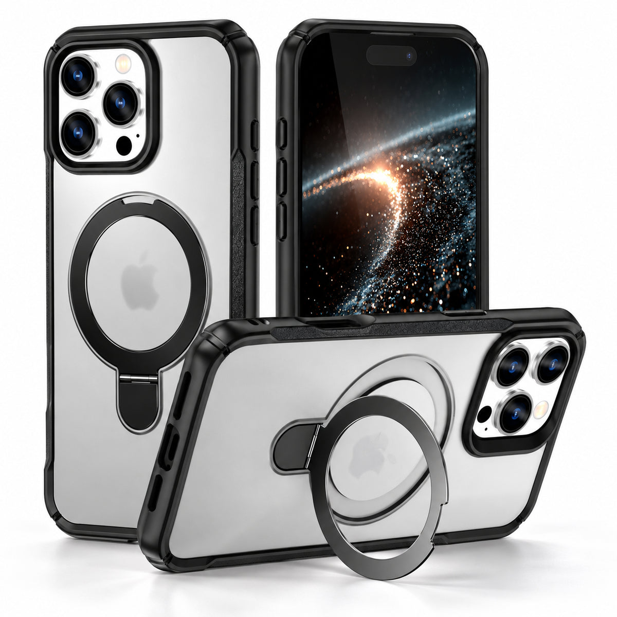 Transparent and black protective phone case with a built-in circular magnetic ring and kickstand, shown on a smartphone from multiple angles against a white background.