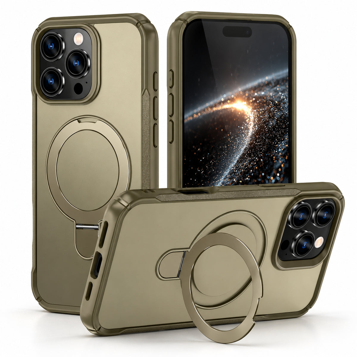 Three views of a rugged smartphone case in a matte olive drab or khaki metallic finish, featuring a built-in circular ring stand and MagSafe compatibility cutouts, shown on a white background.