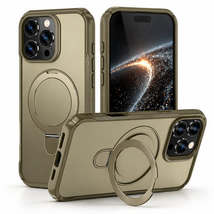 Three views of a rugged smartphone case in a matte olive drab or khaki metallic finish, featuring a built-in circular ring stand and MagSafe compatibility cutouts, shown on a white background.