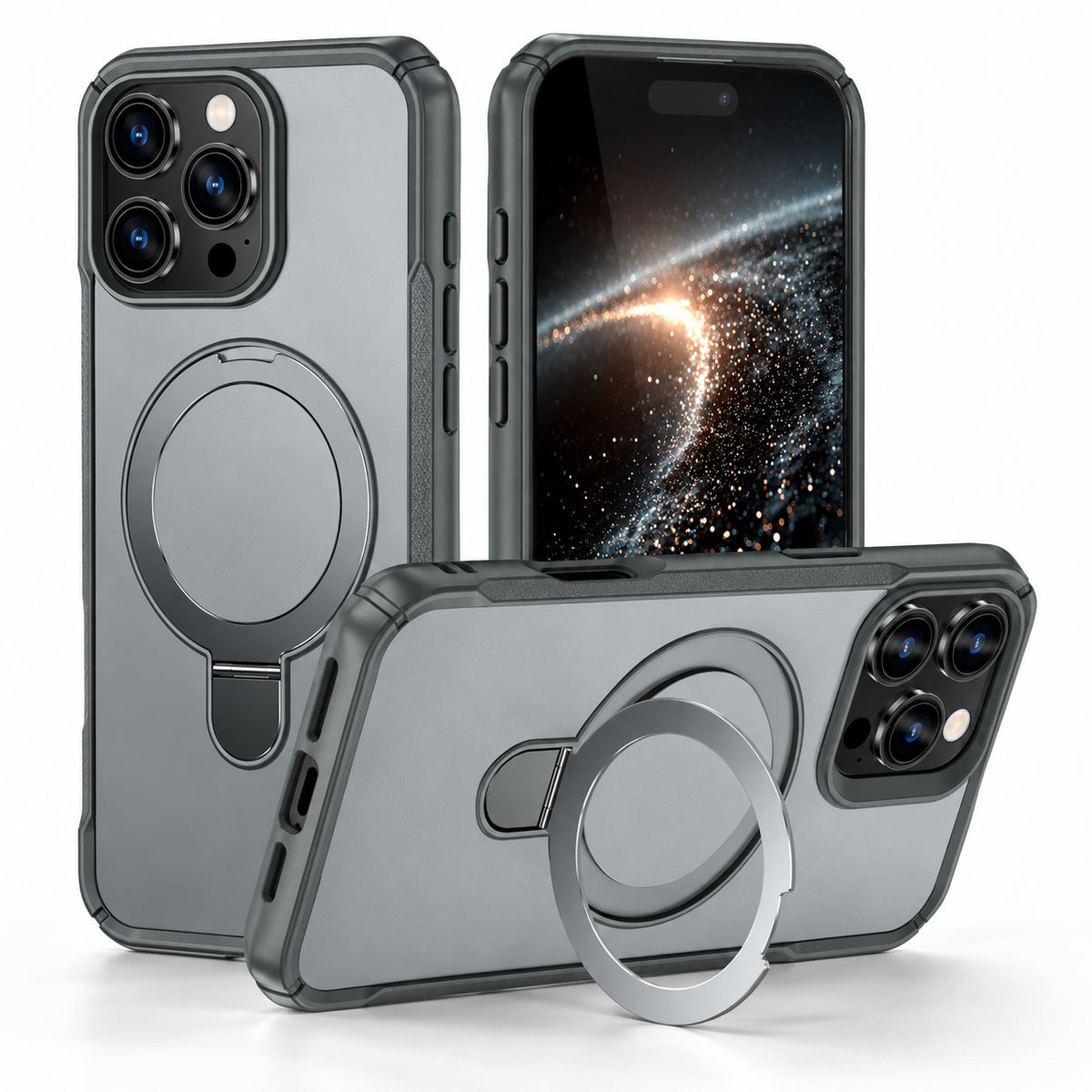 A gray protective phone case with a built-in circular magnetic ring stand, shown from multiple angles on a white background. One view shows the case on a smartphone from the back, another shows the case alone with the ring extended, and a third shows the case on the front of a smartphone.