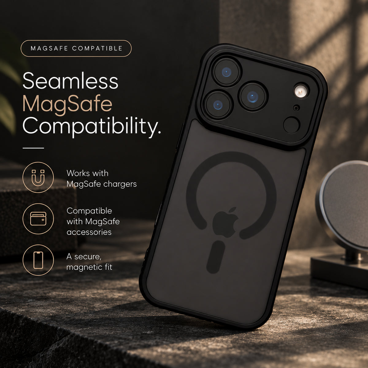 Image showing seamless Mag Safe Compatibility 1, featuring iphone matte translucent magsafe case with anti-fingerprint & scratch protection.