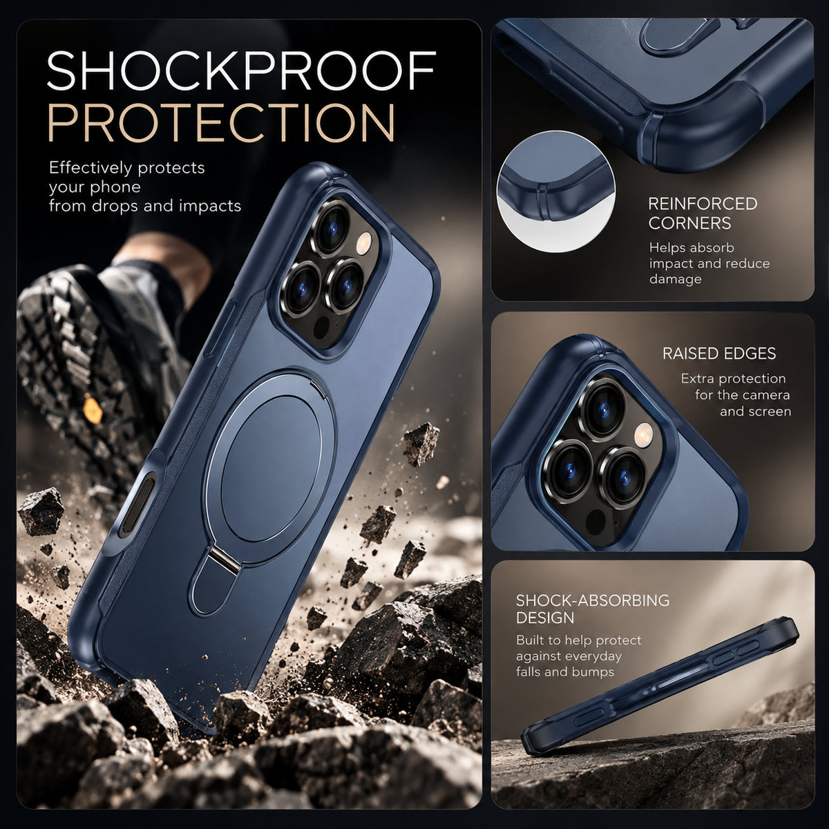A dark blue shockproof phone case with a built-in MagSafe ring, shown in a rugged outdoor setting with rocks and dirt. The graphic layout features three panels on the right detailing the product's features: reinforced corners, raised edges, and shock-absorbing design, with text on the left reading 'SHOCKPROOF PROTECTION'.