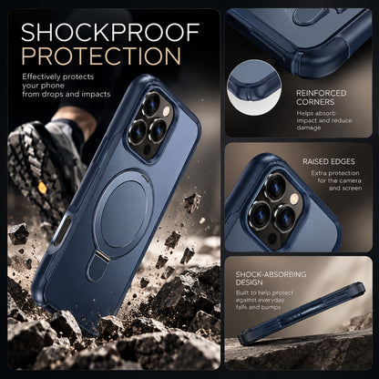 A dark blue shockproof phone case with a built-in MagSafe ring, shown in a rugged outdoor setting with rocks and dirt. The graphic layout features three panels on the right detailing the product's features: reinforced corners, raised edges, and shock-absorbing design, with text on the left reading 'SHOCKPROOF PROTECTION'.
