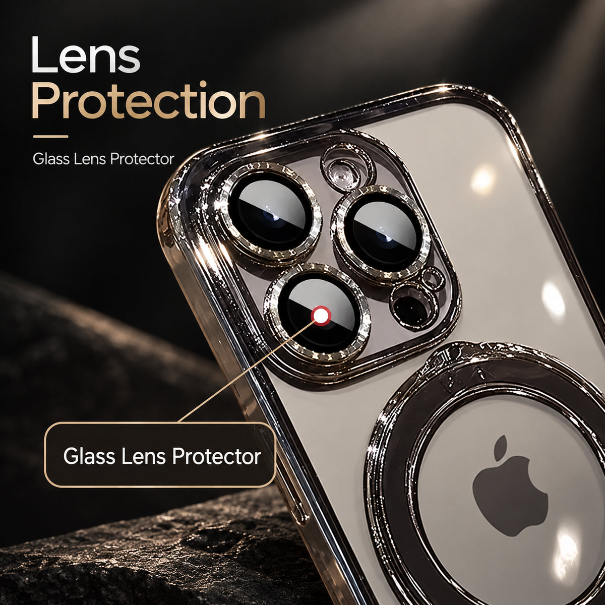 A close-up promotional shot of a transparent glass lens protector case with metallic silver trim, shown on a smartphone. The image includes text overlays reading 'Lens Protection', 'Glass Lens Protector', and highlights the camera lens area and MagSafe ring.