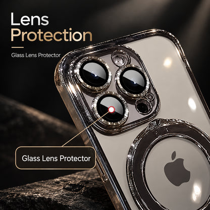 A close-up promotional shot of a transparent glass lens protector case with metallic silver trim, shown on a smartphone. The image includes text overlays reading 'Lens Protection', 'Glass Lens Protector', and highlights the camera lens area and MagSafe ring.