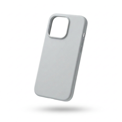 Light gray phone case suspended diagonally above a soft shadow, showing its plain back, raised camera border and side cutouts.