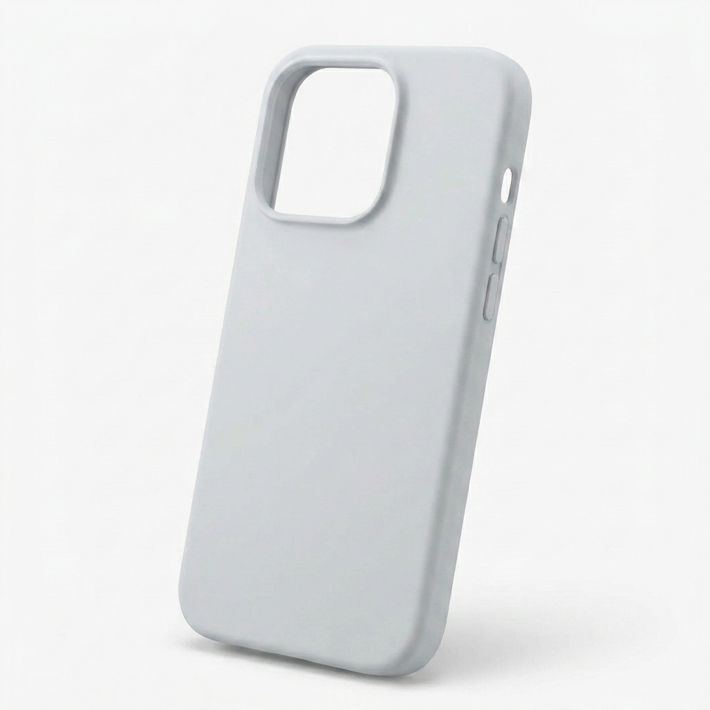 Angled rear view of a light gray phone case with a smooth matte-looking finish, raised camera opening and covered side buttons.