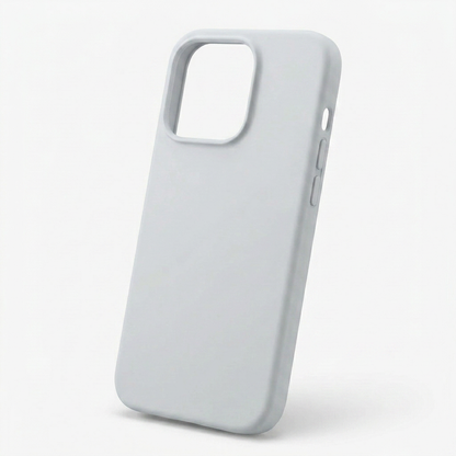 Angled rear view of a light gray phone case with a smooth matte-looking finish, raised camera opening and covered side buttons.
