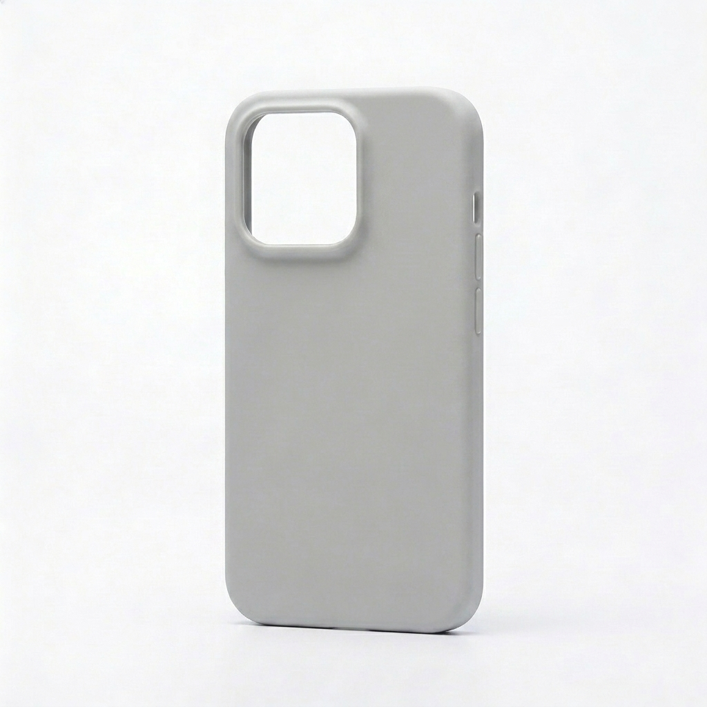 Plain light gray phone case standing upright, with rounded corners, a matte-looking back and a raised square camera opening.