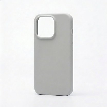 Plain light gray phone case standing upright, with rounded corners, a matte-looking back and a raised square camera opening.