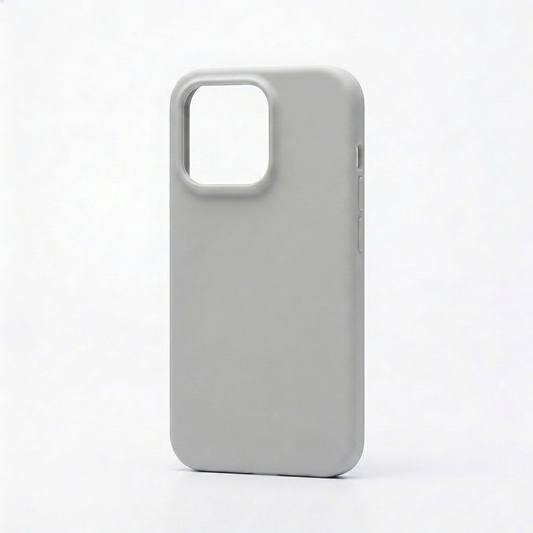Plain light gray phone case standing upright, with rounded corners, a matte-looking back and a raised square camera opening.