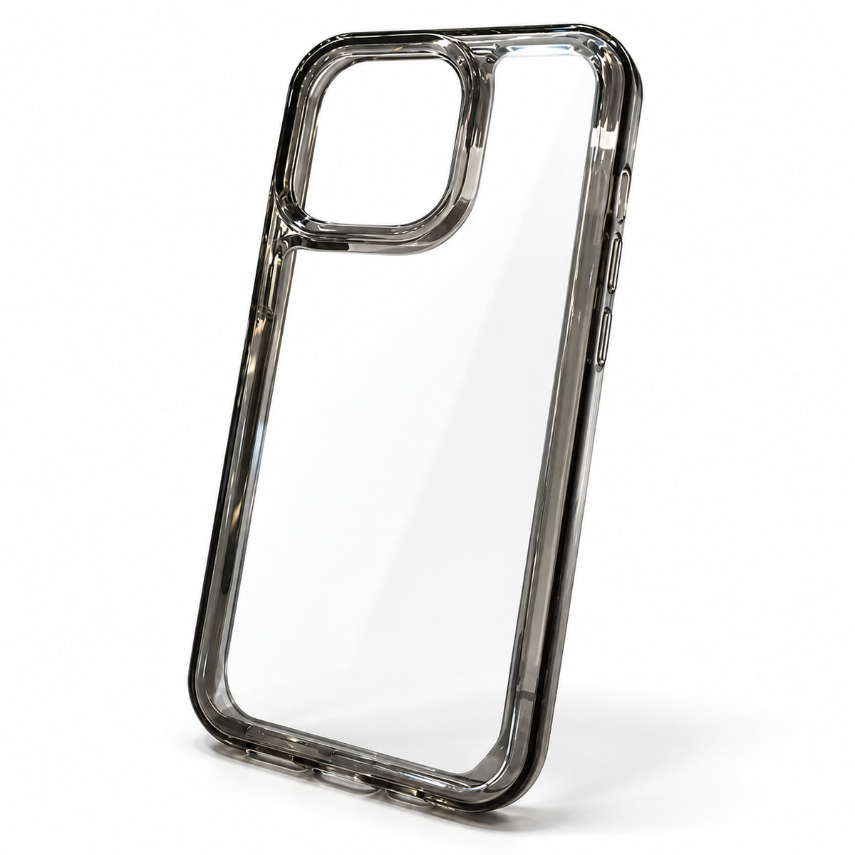 A clear protective phone case with a thick, glossy dark gray bumper frame, shown standing upright on a white background.