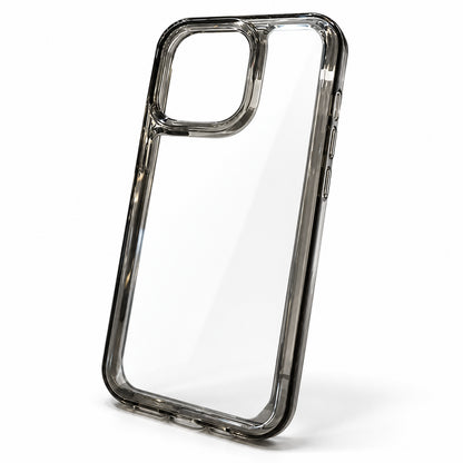 A clear protective phone case with a thick, glossy dark gray bumper frame, shown standing upright on a white background.