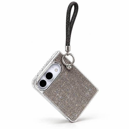 A silver rhinestone-embellished phone case with a black braided wrist strap and silver metal hardware, shown on a white background.