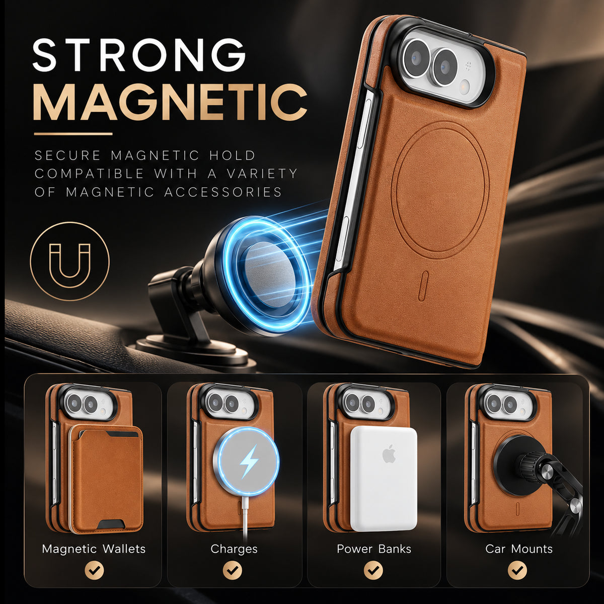 Image showing strong Magnetic Case Compatibility, featuring iphone magnetic leather folding case with shockproof protection.