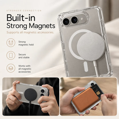Clear magnetic phone case shown with a smartphone, plus three inset demonstration photos showing strong magnetic hold, hands holding the phone, and a card inserted into the case. Text highlights built-in strong magnets and compatibility with magnetic accessories.
