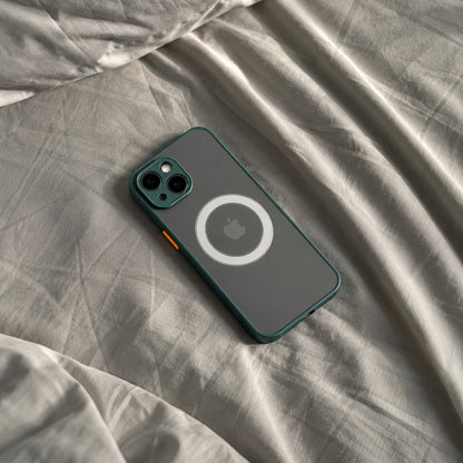 Image showing teal Mag Safe Phone on Linen Bedding, featuring iphone hard matte magsafe case with anti-fingerprint finish & slim protection.