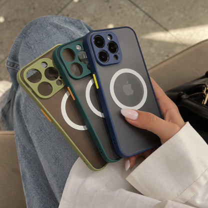Image showing three Colourful Phone Casesin Hand, featuring iphone hard matte magsafe case with anti-fingerprint finish & slim protection.
