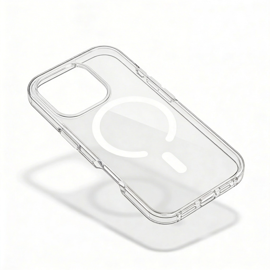 Transparent phone case floating diagonally above a shadow, showing a white horseshoe-shaped ring and bar, camera opening and clear side buttons.