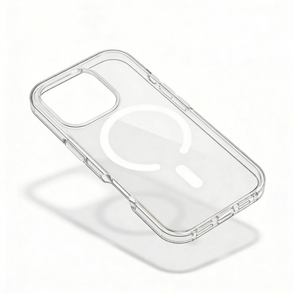 Transparent phone case floating diagonally above a shadow, showing a white horseshoe-shaped ring and bar, camera opening and clear side buttons.
