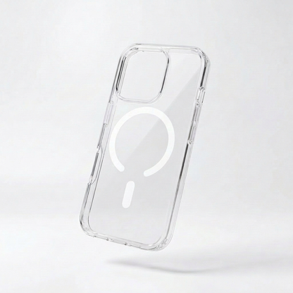 Clear phone case tilted above a white surface, with a white open circular ring and short vertical bar visible through its back.