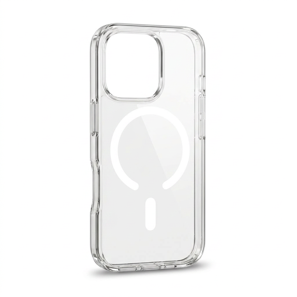 Upright clear phone case with a raised square camera border, transparent side buttons and a white horseshoe-shaped ring and bar.