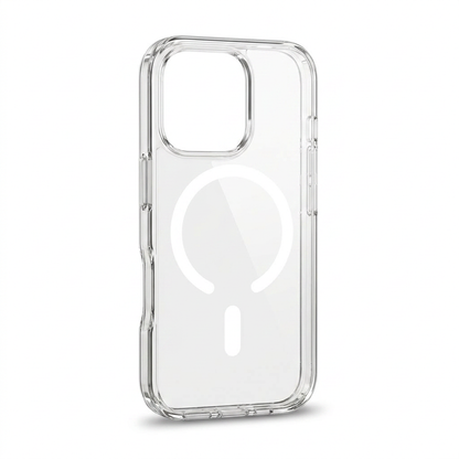 Upright clear phone case with a raised square camera border, transparent side buttons and a white horseshoe-shaped ring and bar.