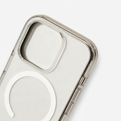 Close-up of a clear phone case's upper back and side, showing the raised camera rim, transparent buttons and part of its white circular ring.