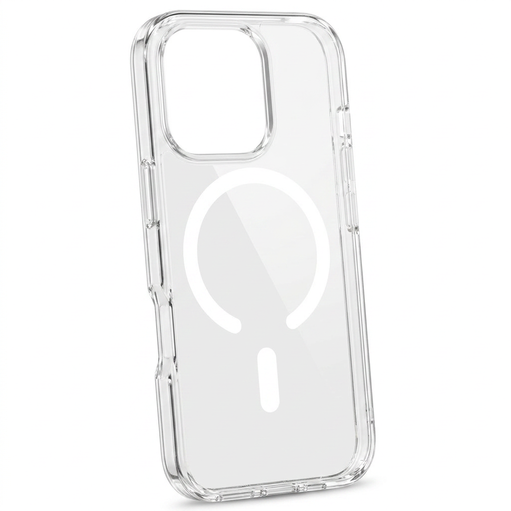 Clear phone case standing upright at an angle, with a white open circular ring and short bar on its back and a raised square camera opening.