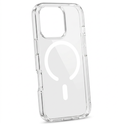 Clear phone case standing upright at an angle, with a white open circular ring and short bar on its back and a raised square camera opening.