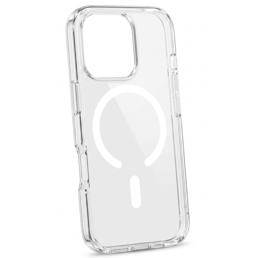 Clear phone case standing upright at an angle, with a white open circular ring and short bar on its back and a raised square camera opening.