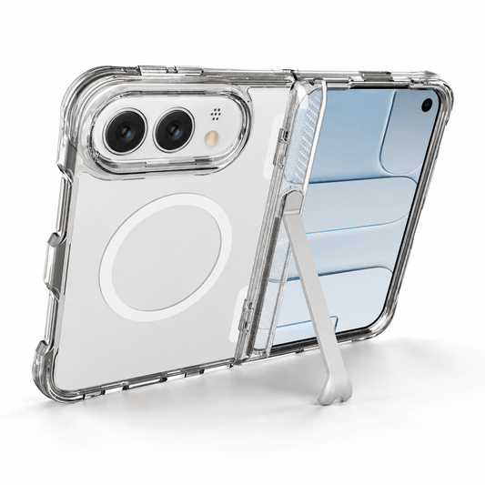 A clear protective phone case with a built-in kickstand, shown on a smartphone. The case is transparent with a white MagSafe ring on the back, and the kickstand is extended, set against a clean white background.