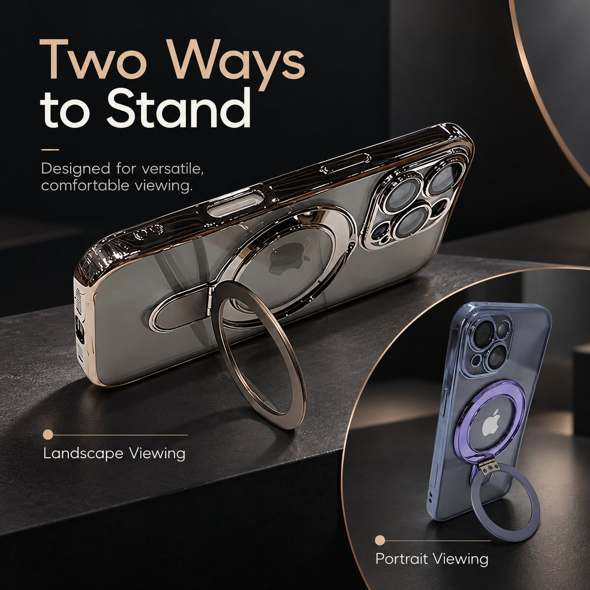 A transparent phone case with a built-in metal ring stand, shown in two orientation views on a dark studio background. Large text reads 'Two Ways to Stand,' with one view labeled 'Landscape Viewing' and the other inset view labeled 'Portrait Viewing.