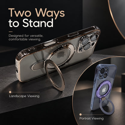 A transparent phone case with a built-in metal ring stand, shown in two orientation views on a dark studio background. Large text reads 'Two Ways to Stand,' with one view labeled 'Landscape Viewing' and the other inset view labeled 'Portrait Viewing.