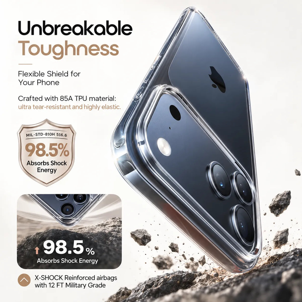 A clear protective phone case shown on a smartphone, with marketing text highlighting 'Unbreakable Toughness,' 'Flexible Shield for Your Phone,' and 'Crafted with 85A TPU material.' The case is photographed over a rocky outdoor-style surface, and a small inset shows a close-up of the camera area with impact-absorption claims.