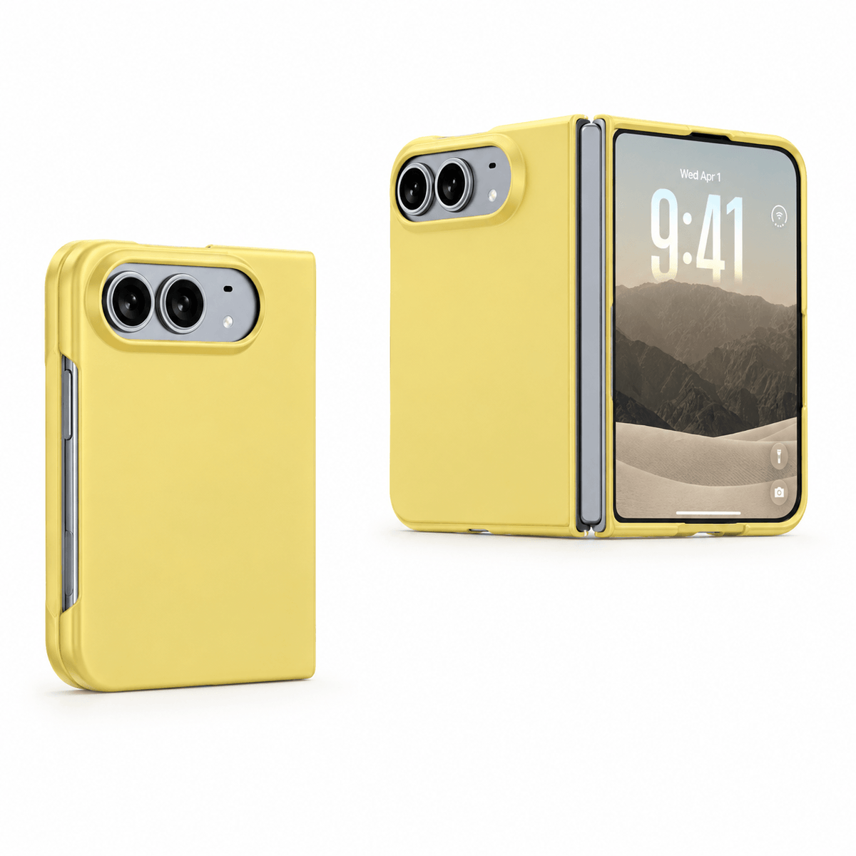 A yellow protective case shown on a smartphone, displayed in two views: a closed back view on the left and an open front view on the right, set against a clean white background.