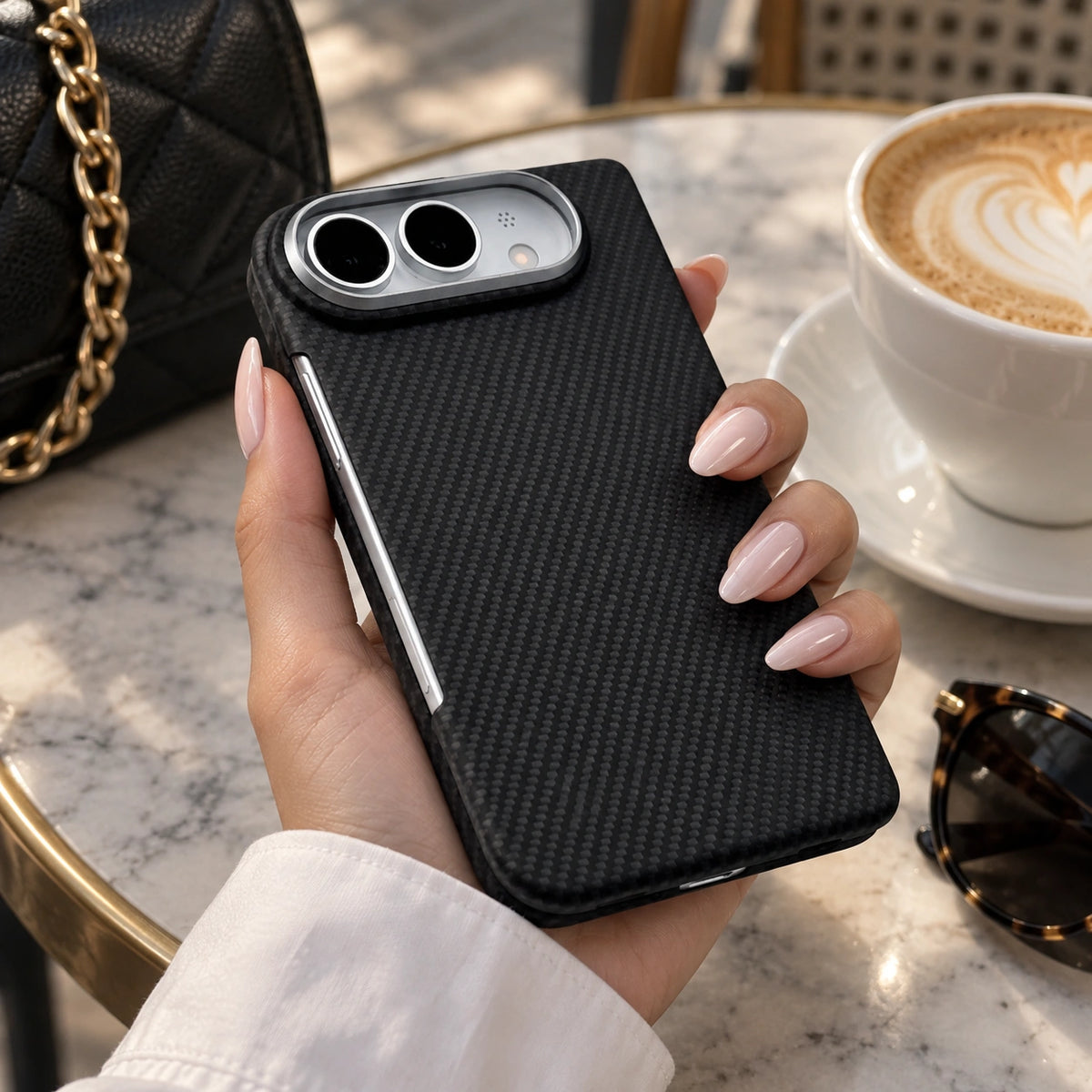 A hand with manicured nails holds a black carbon-fiber-textured phone case with a silver side accent, set on a marble table next to a coffee cup and sunglasses.