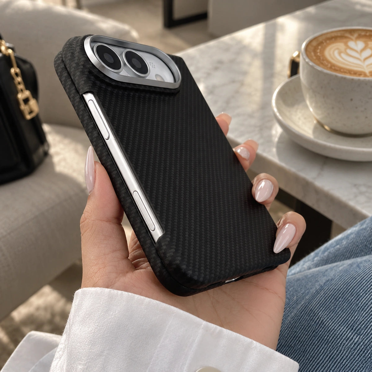 A hand holding a black carbon-fiber-textured phone case with a silver metallic side frame, shown in a lifestyle setting with a coffee cup on a marble table in the background.