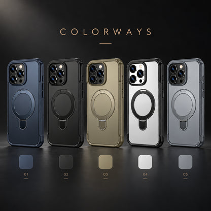 Five smartphone cases shown side by side under the heading 'COLORWAYS,' each with a circular ring holder and a small color swatch below. The cases are in dark blue, black, bronze/gold, silver, and gray, displayed on a dark studio background.