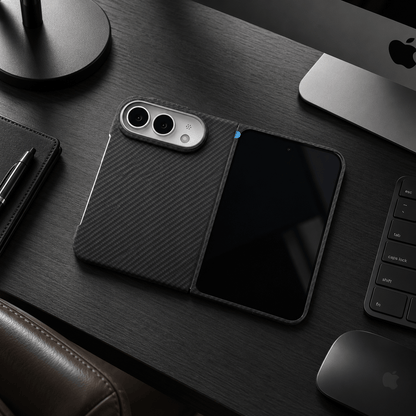 A black carbon-fiber-textured foldable phone case with a built-in screen protector, shown open on a dark wooden desk alongside a laptop, keyboard, and mouse.