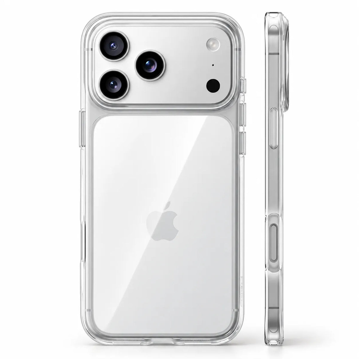 A clear protective phone case shown on a silver smartphone, with a back view and a side profile view on a clean white background.