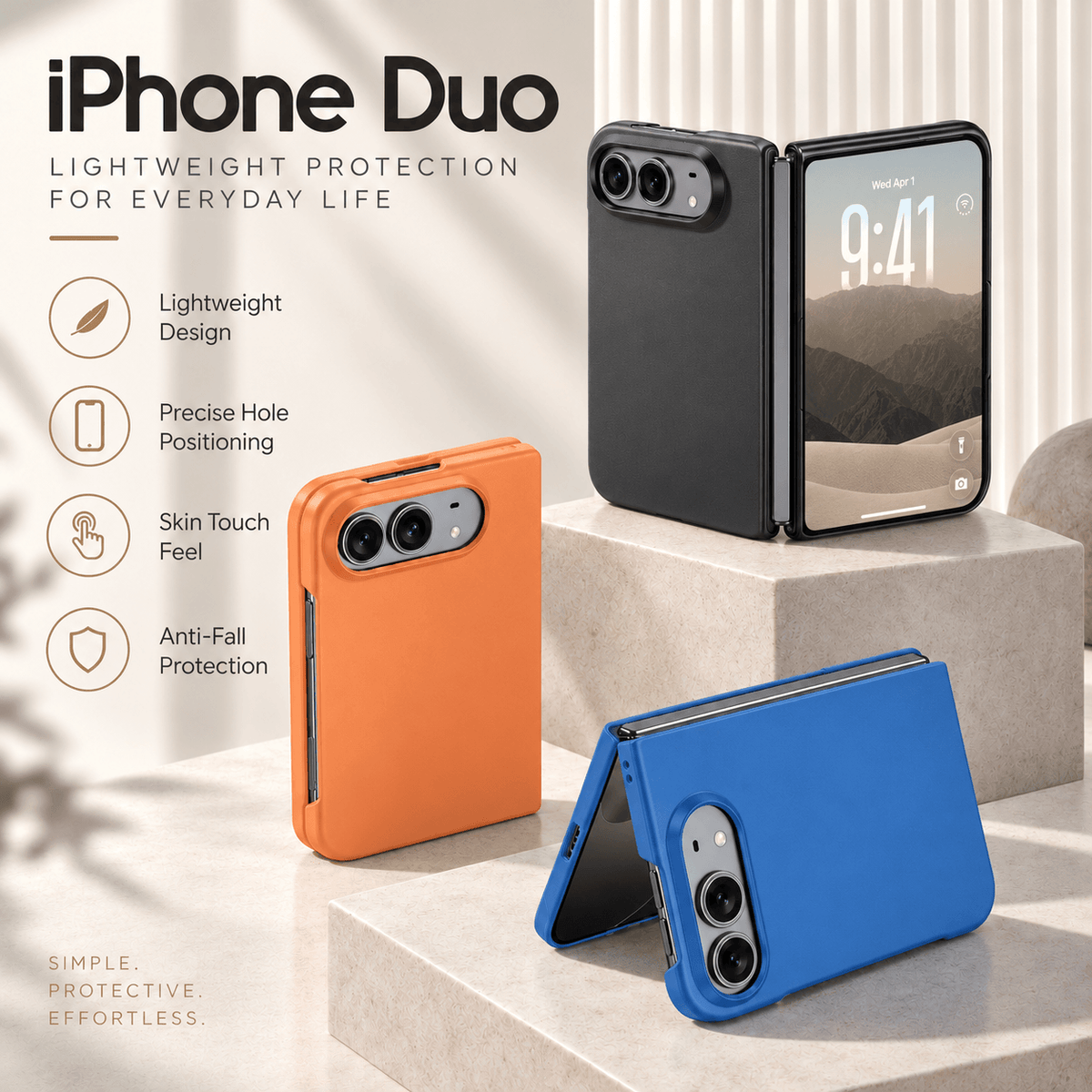 Three foldable phone cases in black, orange, and blue are displayed on light beige pedestals with a smartphone inserted in the black case. The image includes marketing text and feature icons on the left side, set against a clean, sunlit background.