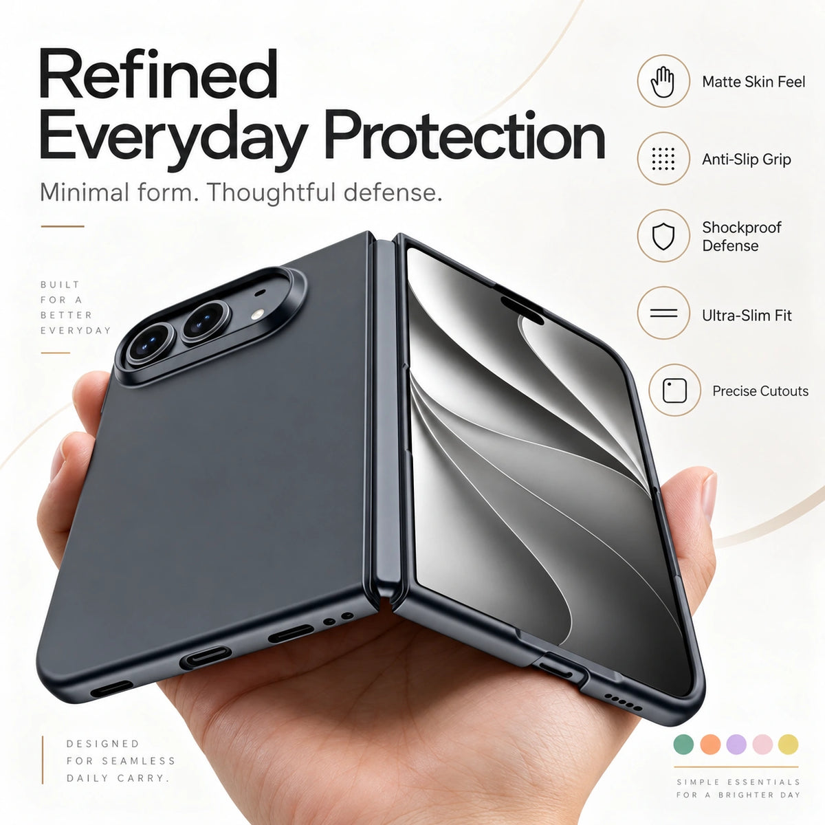 A hand holds a black foldable phone case shown open, with marketing text on the left and feature icons on the right. The case is matte black and marketed as everyday protection.