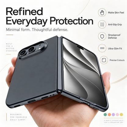 A hand holds a black foldable phone case shown open, with marketing text on the left and feature icons on the right. The case is matte black and marketed as everyday protection.