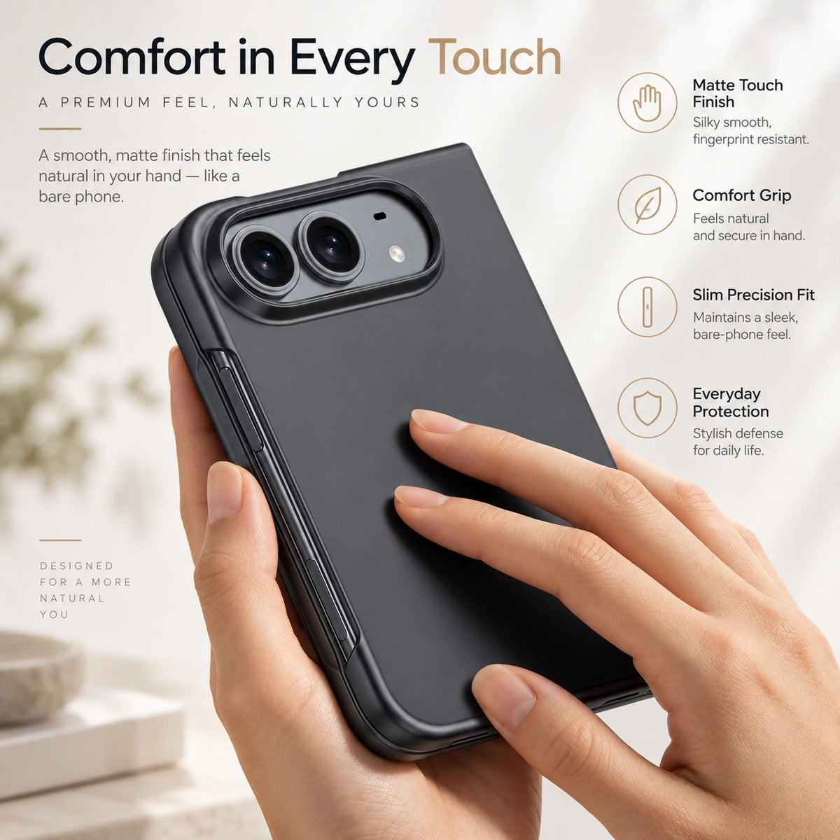 Image of iphone duo slim matte silicone case, showing iphone duo comfort in every touch.