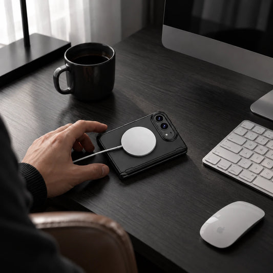 A black magnetic phone case with a white circular MagSafe ring is shown on a dark wooden desk, with a hand holding a white charging cable near it. An iMac, keyboard, mouse, and a black coffee mug are visible in the background.