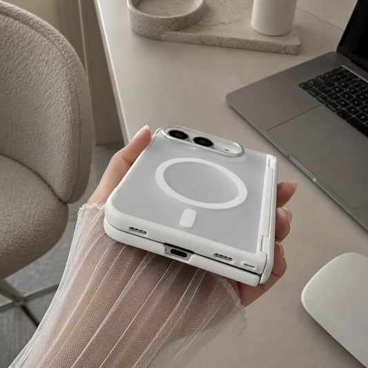 Image of iphone duo magnetic shockproof leather-style case, showing iphone duo case white workspace.