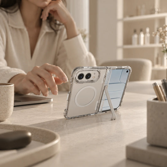 Image of iphone duo clear magsafe shockproof case, showing minimalist desk phone stand scene.